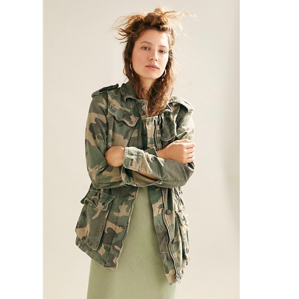 Free People Not Your Brother's Green Camo Print Surplus Jacket